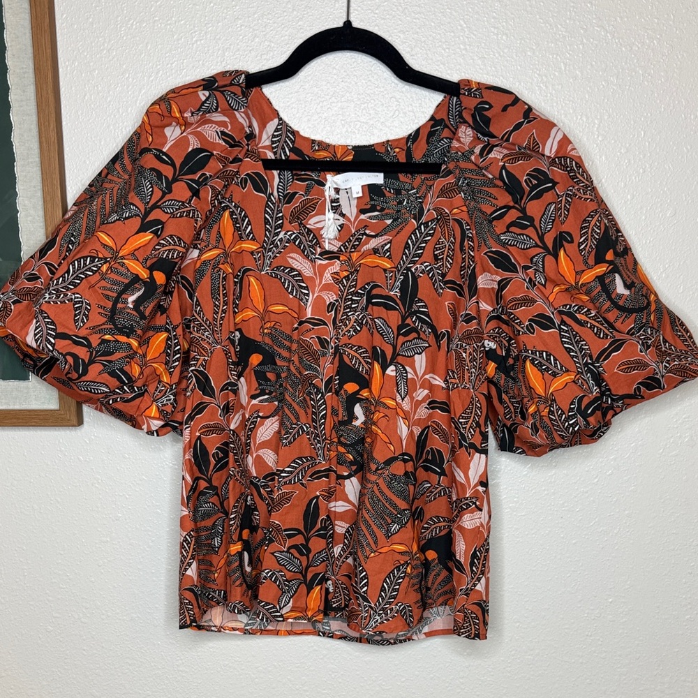Corey Lynn Calter Jenny Top Monkey Around Print Puff Sleeve Blouse Size M NWT